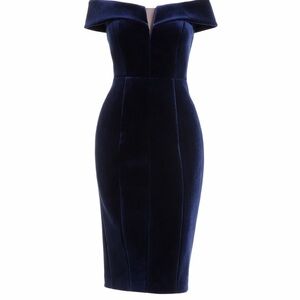 Vince Camuto Navy Velvet Off Shoulder Dress Elegant Cocktail Sheath